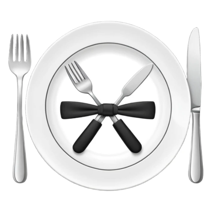 Minimalistic flat vector icon, iOS style, thin black contour on white background. Fork and knife crossed on a plate with a small bow tie above. Clean, no text, no shadows sticker