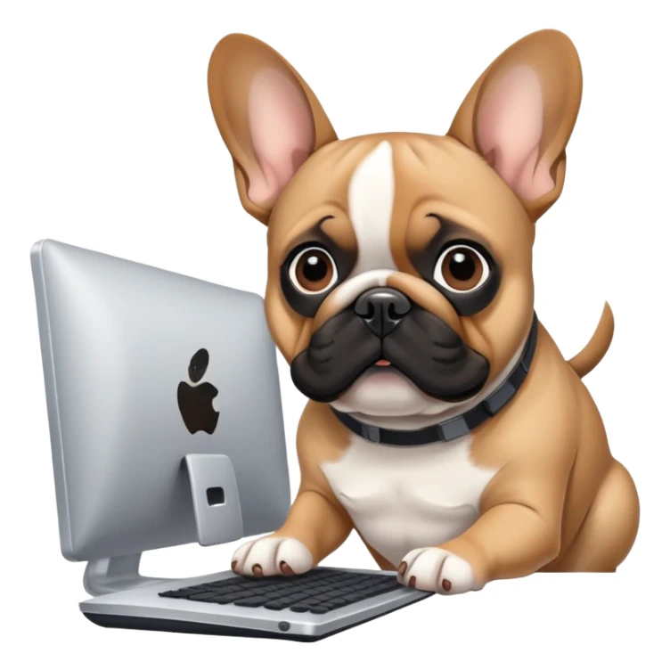 Fawn Frenchie with black muzzle working behind computer sticker