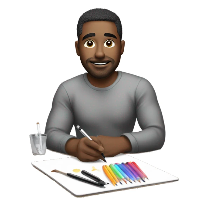 A man, drawing on an iPad with a stylus. , using the iPad placed on a table. with art tools like brushes and pencils around him. 🎨 sticker