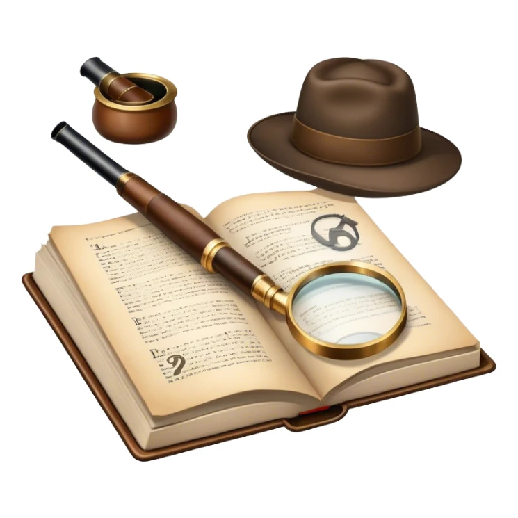 Icon for Detective Reading: an open book with text and a magnifying glass on the pages, a classic detective hat and a pipe, surrounded by clues like footprints, a revolver and a notepad. The icon should represent the mystery and intrigue of detective stories. Transparent background. sticker
