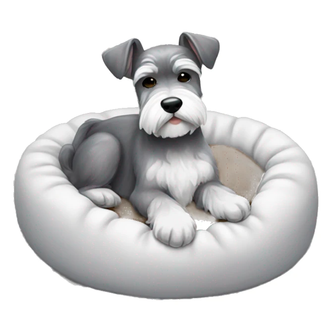 Grey and white mini schnauzer full body asleep in dog bed      sticker