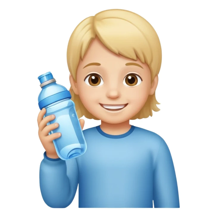 child holding a water bottle, smiling, friendly and cute sticker
