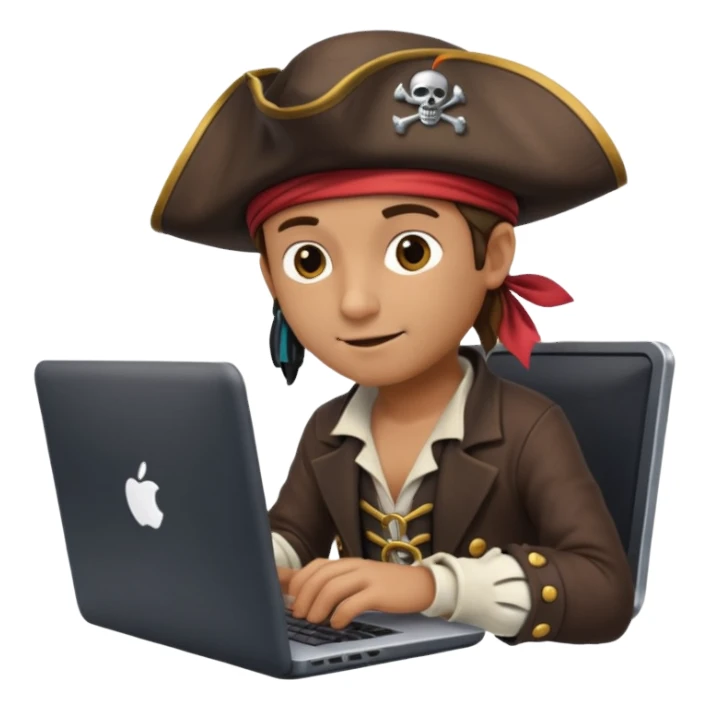 pirate dressed as a programmer, with a laptop, coding, playful and clever expression, modern pirate hat, tech gadgets sticker