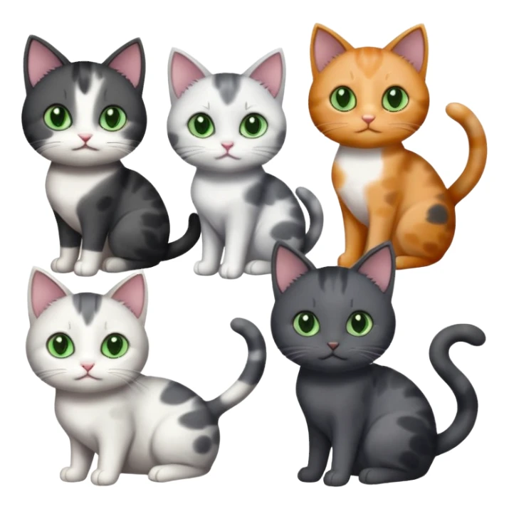 3 different coloured small cats including a dark grey and white, and a patchy calico and a completely solid dark grey with green eyes and only white paws sticker