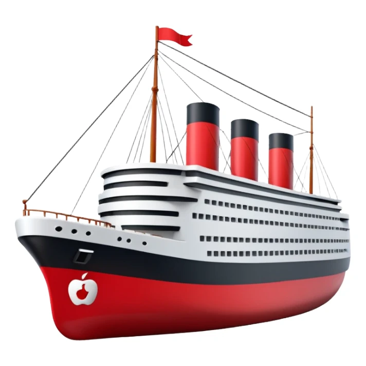 A 3D stylized Titanic ship in Apple emoji style, smooth and glossy surface, clean white and black colors with red accents, large expressive windows but no face, sailing on calm ocean with soft lighting, Pixar-quality render, minimal and elegant design, isolated on studio background.

 sticker