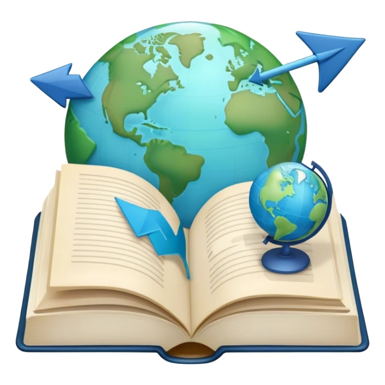 Create an emoji representing language translation. The design should feature an open book or a document with text in multiple languages (e.g., English, Spanish, Chinese), and a translation icon (such as an arrow between two languages) to symbolize the process of converting text. Include elements like a globe or a speech bubble to represent global communication. Use clear, simple lines and a color palette with blues, greens, and subtle neutral tones to convey the idea of clarity and understanding. Make the background transparent. sticker