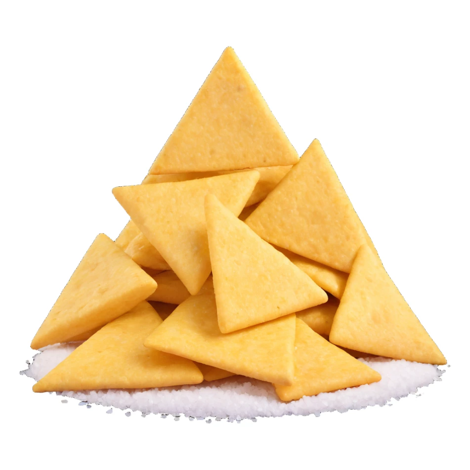 pile of crispy yellow corn tortilla chips, triangular shape, rough surface, light salt specks, slight curl, no dip or garnish, clean 3D style, soft lighting, emoji scale sticker