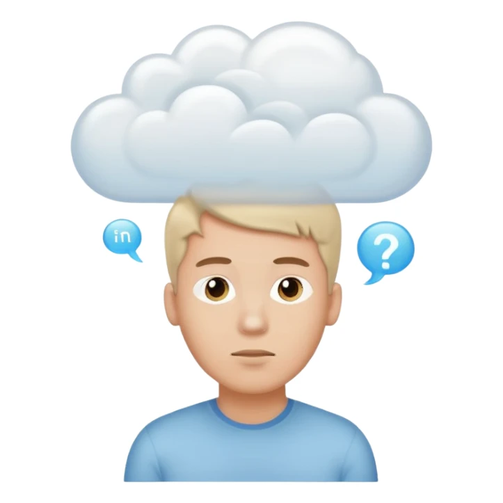A thinking male person with a white thought cloud sticker