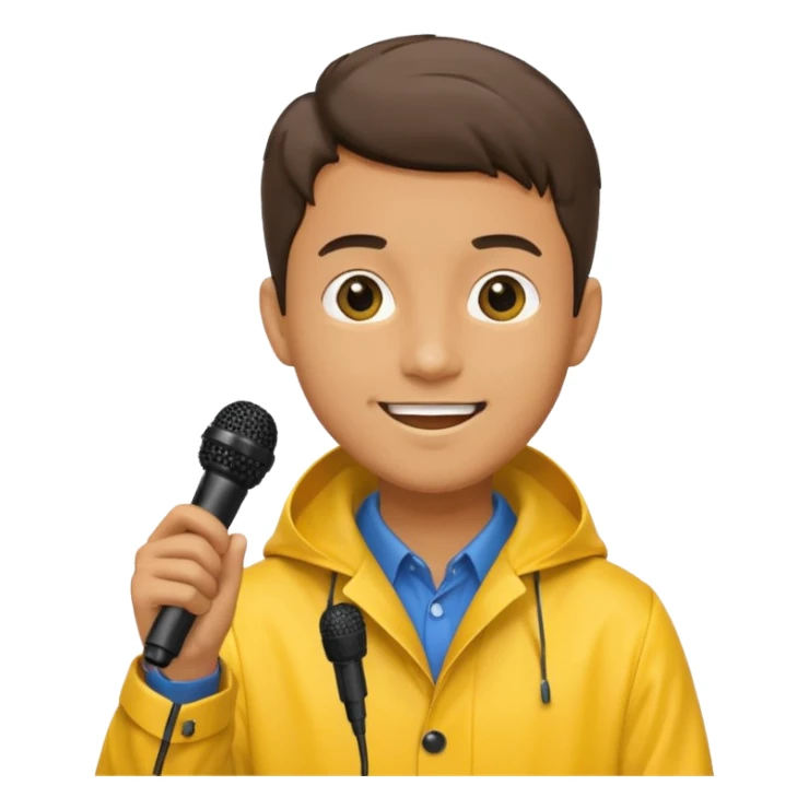 man with rain coat and microphone sticker