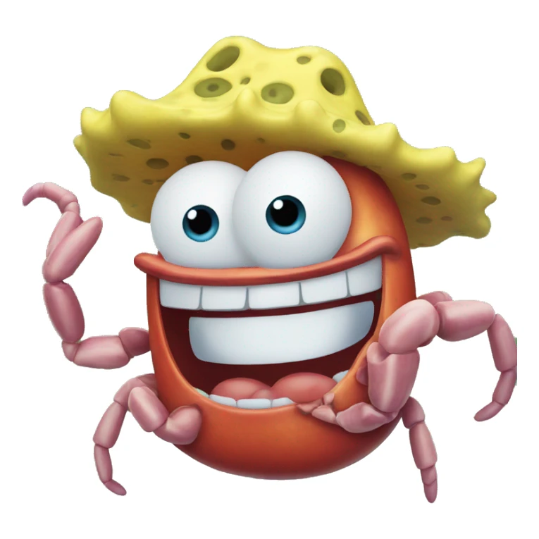 Generate smiling SpongeBob wearing krusty crab hat emoji  sticker