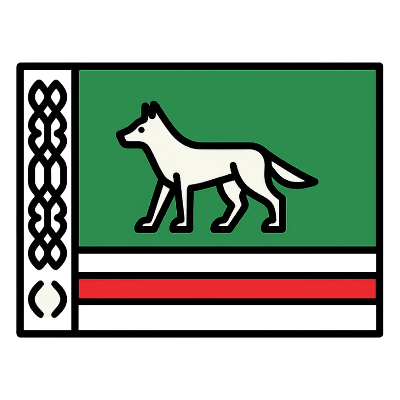 Chechen flag with green field, white and red stripes at the bottom, white patterned stripe on the left, prominent wolf symbol in the center, minimalistic style sticker