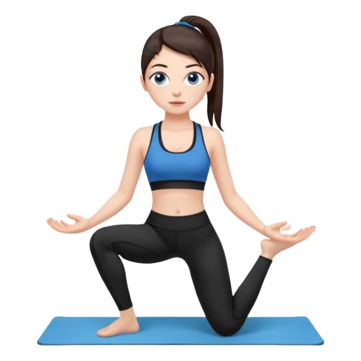 Девушка со светлой кожей и румянцем. Глаза большие, выразительные, голубые. Волосы длинные, прямые, тёмно-каштановые. собраны в хвост. На ней чёрные леггинсы и чёрный спортивный бюстгальтер.  in Tadasana yoga sticker