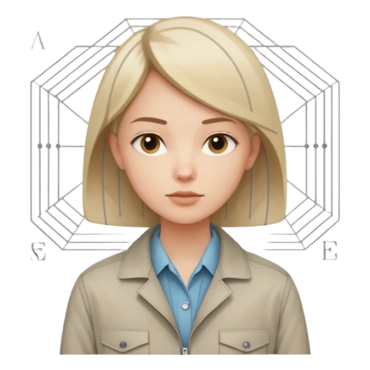 Один человек по пояс в нейтральной рабочей куртке или рубашке, перед ним в воздухе парят упрощённые геометрические схемы и линии, напоминающие технический чертёж, выражение лица спокойное и сосредоточенное. sticker