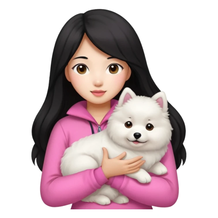 A black long hair asian pretty girl with a bright skintone and pink outfit holding a samoyed dog sticker