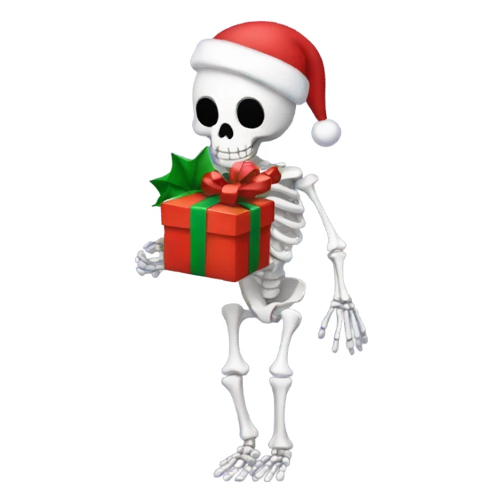 Skeleton body holding a Christmas present sticker