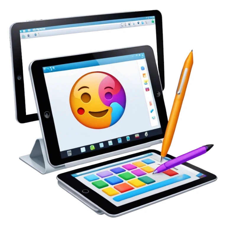 Computer graphics icon, digital design tools like a stylus, tablet, computer image on screen, vibrant colors, minimalistic style, clean lines, transparent background. sticker