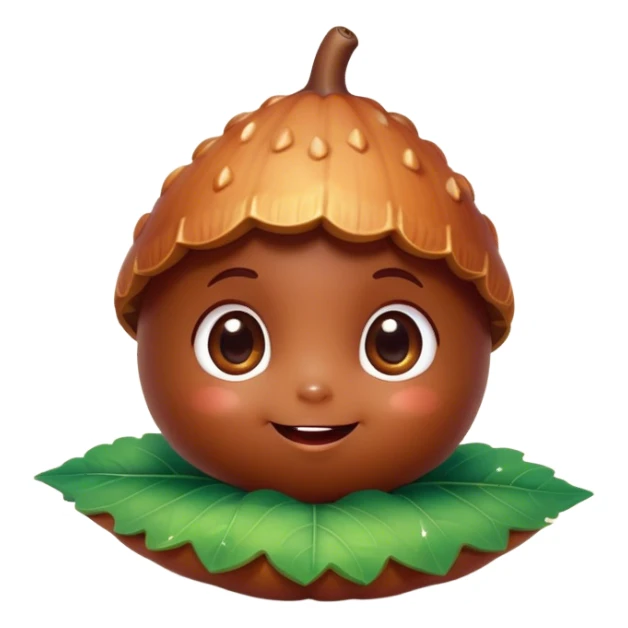 Cinematic tiny happy acorn, glossy brown, soft glowing highlights, tiny adorable face with big sparkly eyes, sitting on a pastel leaf, warm and cheerful. sticker