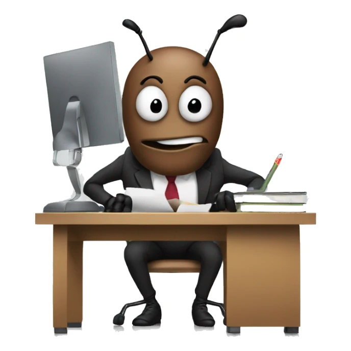 Ant sitting at desk working hard in office sticker