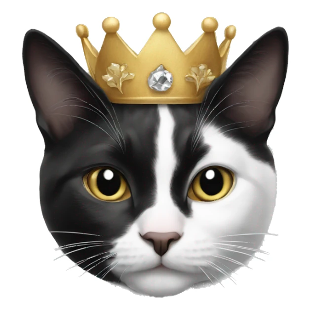 black and white cat wearing a crown sticker