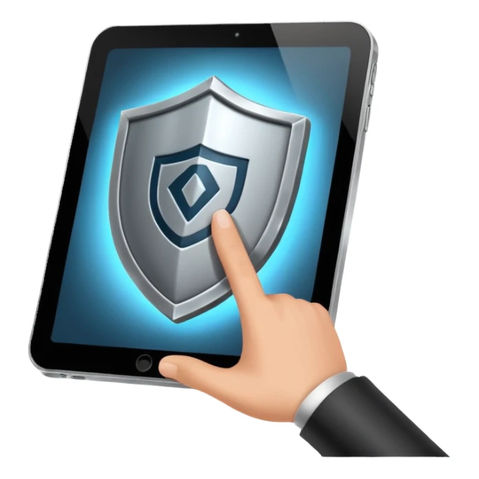hand holding a tablet with a shield symbol sticker