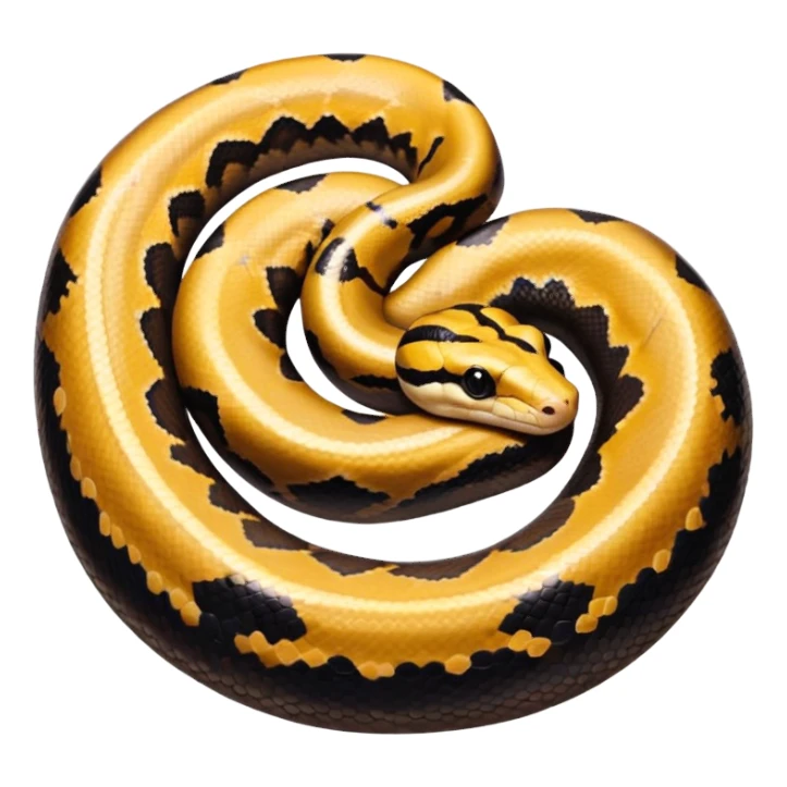 A photo-realistic top-down view of a Ball Python gently coiled into a tight spiral, with its head resting peacefully at the center. Its scales are warm brown with bold, irregular black markings, including the distinctive “alien-head” pattern, flowing smoothly along its body.  sticker