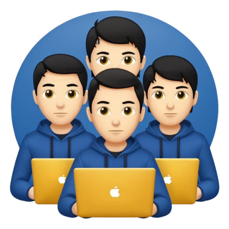 technologist using laptop coding with 2 other technologist three of it is man skin color yellow that using 3 laptop the hair is black and the cloth is dark blue sticker