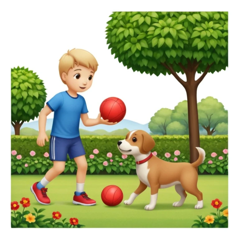 kid and dog playing with ball, garden background sticker