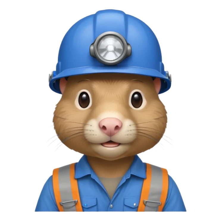a mole rat, blue helmet, headlamp, worker cloth sticker