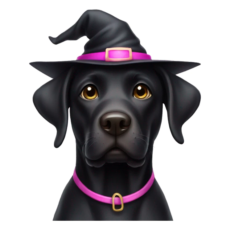 Black Labrador wearing black and pink witch hat sticker