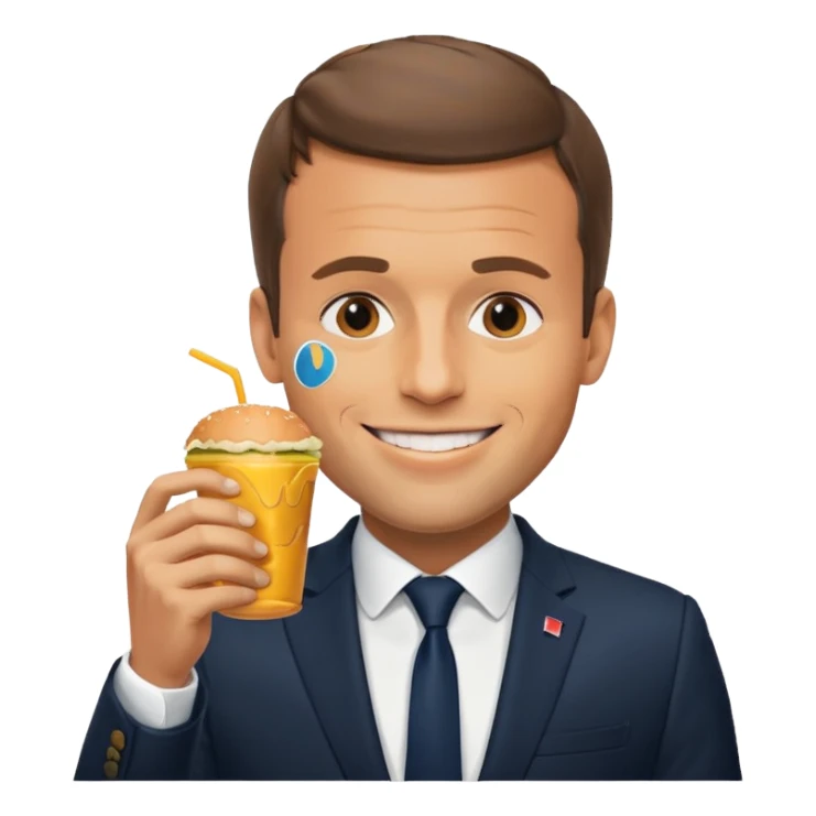 Emmanuel Macron eating a burger with a beer sticker