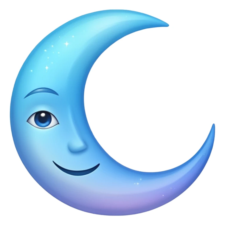 sparkly glossy pastel blue-gradient crescent moon with a subtle face sticker