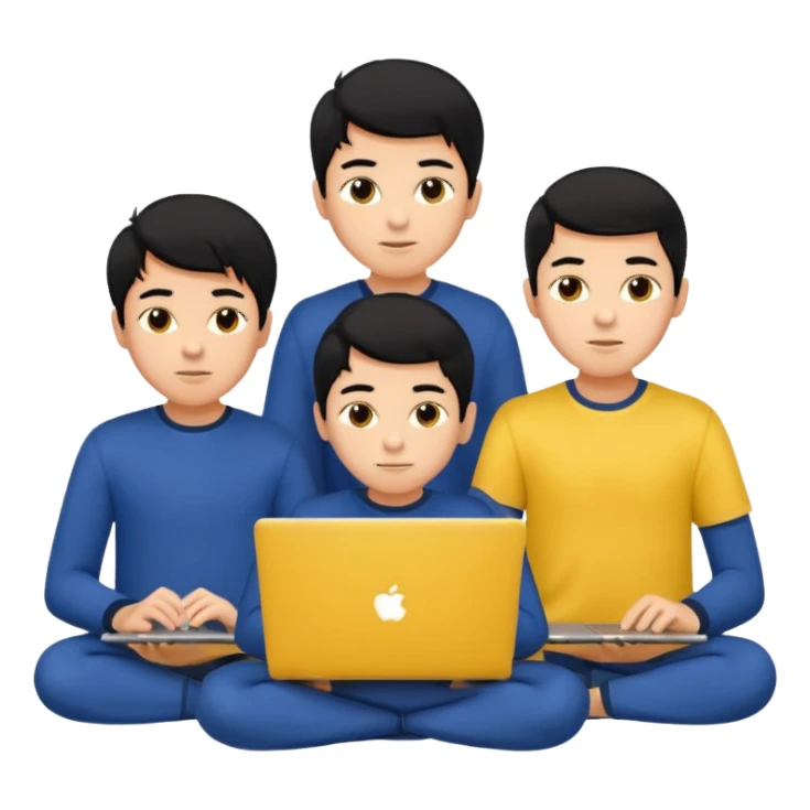 technologist using laptop coding with 2 other technologist color yellow three of it is boy  that using 3 laptop the hair is black and the cloth is dark blue sticker