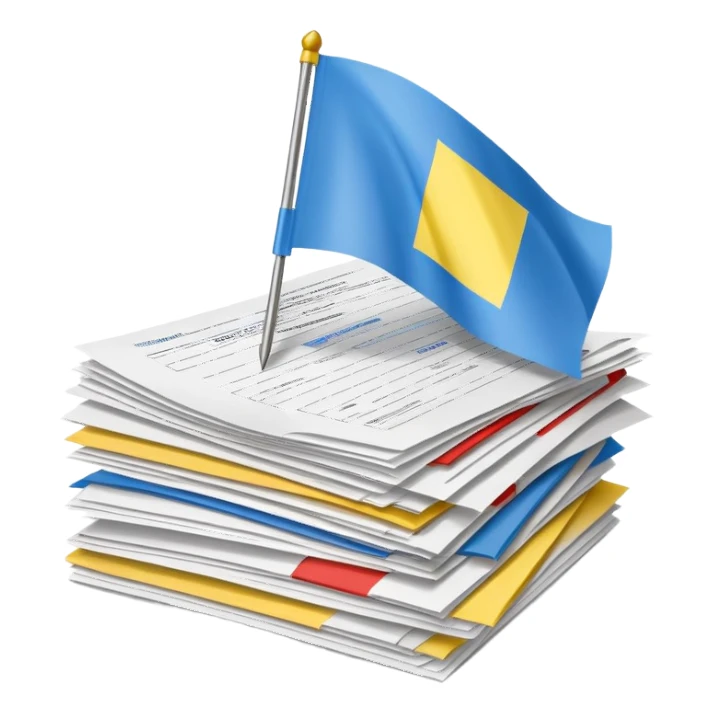 stack of official documents with Ukrainian flag sticker