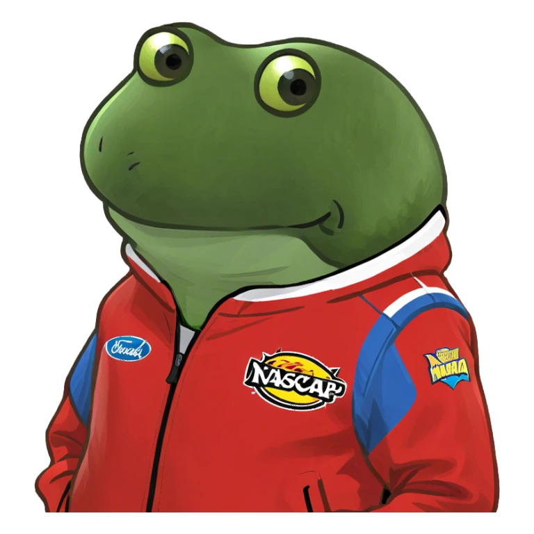wearing a red nascar jacket with no text sticker