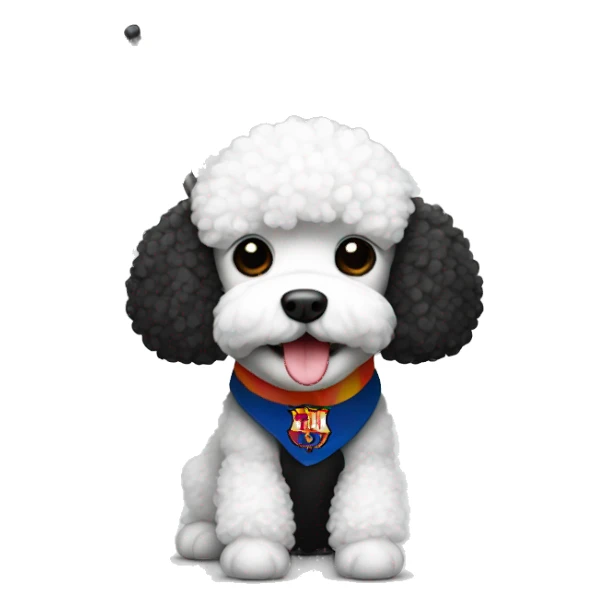 black and white poodle with a Barcelona flag sticker