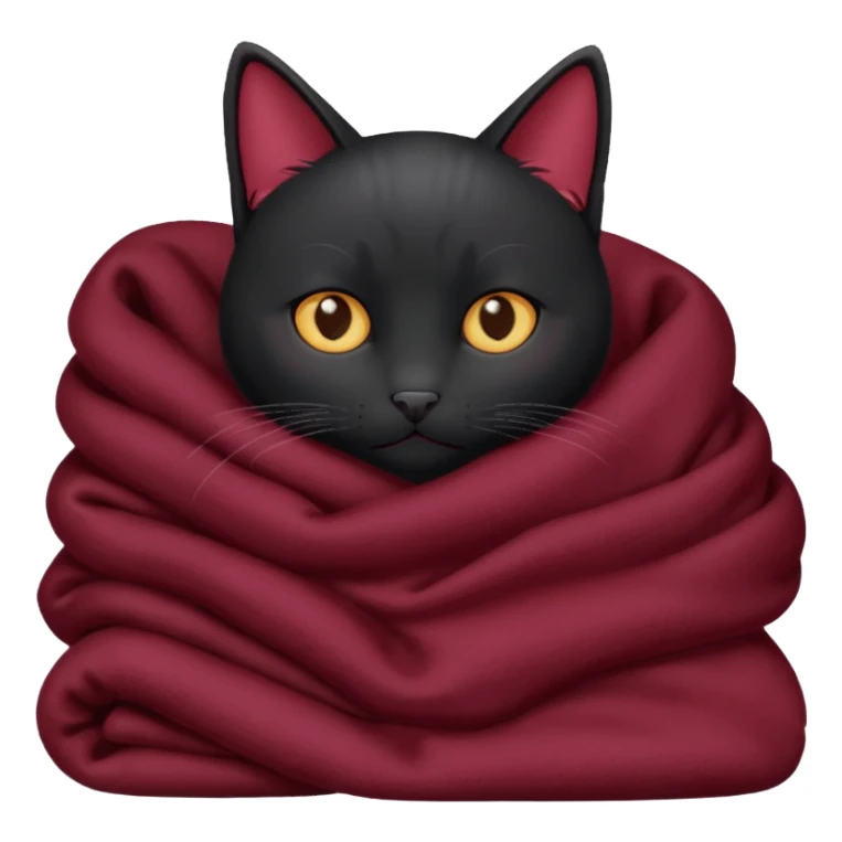 Black cat cuddling with marroon blanket sticker