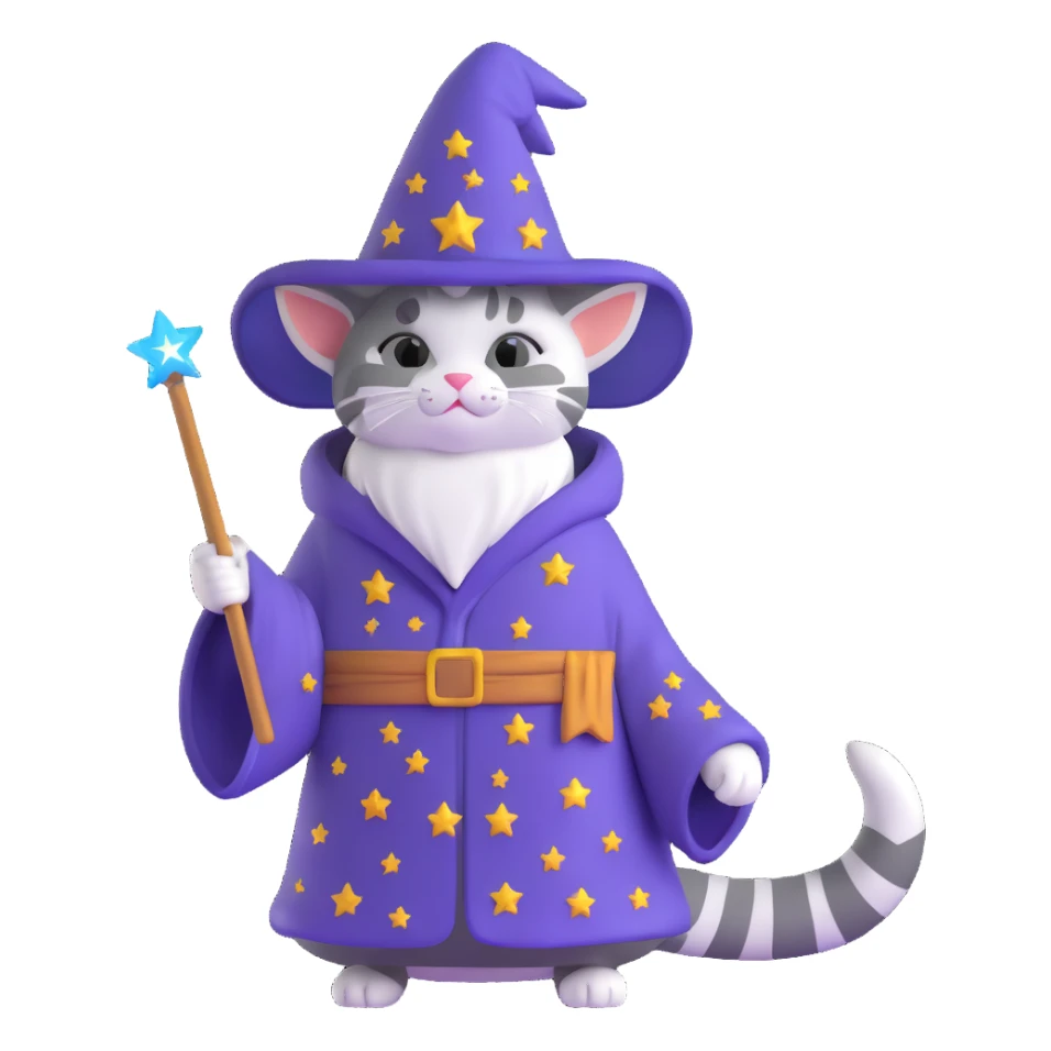 wizard cat with a starry robe and hat sticker