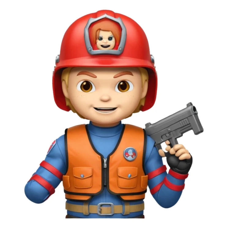 Chucky con casco y chaleco antibalas sticker