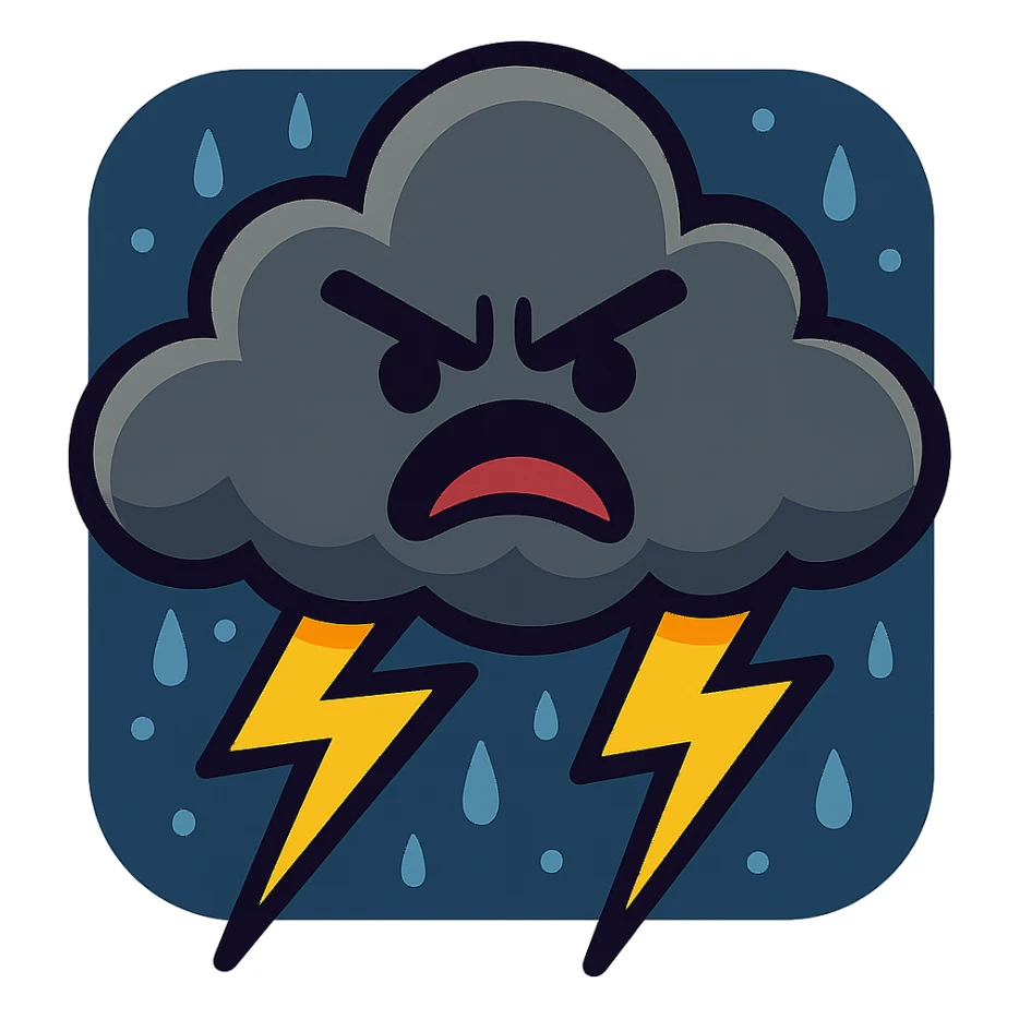furious thunderstorm cloud, cartoon style, furrowed eyebrows, yellow lightning, dark blue background sticker