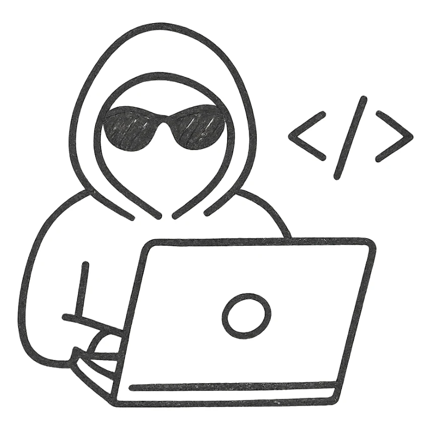 hacker with laptop and code sticker