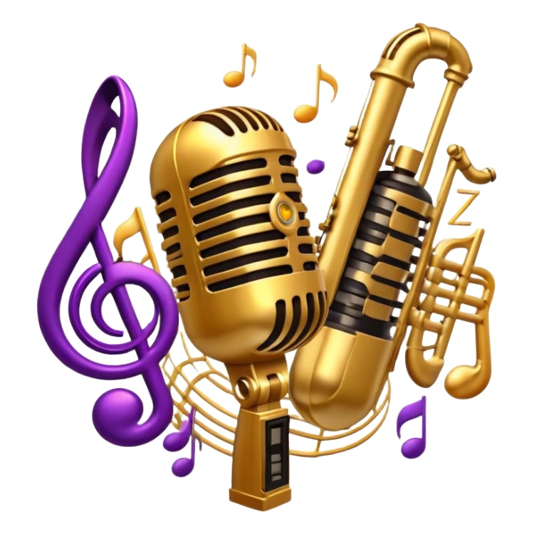 Create a vibrant and expressive emoji representing jazz vocal performance. The design should feature a vintage microphone at the center, surrounded by musical notes and soundwaves flowing outward, symbolizing the vocal improvisation and fluidity of jazz. Include key instruments often associated with jazz vocals, such as a jazz piano (stylized black keys) in the background and a saxophone or trumpet, giving it a true jazz vibe. Add soft lighting effects to evoke the intimate, atmospheric feel of a jazz club. Use rich colors like gold, black, deep purple, and red to reflect the soulful, smooth nature of jazz. The background should be transparent. sticker