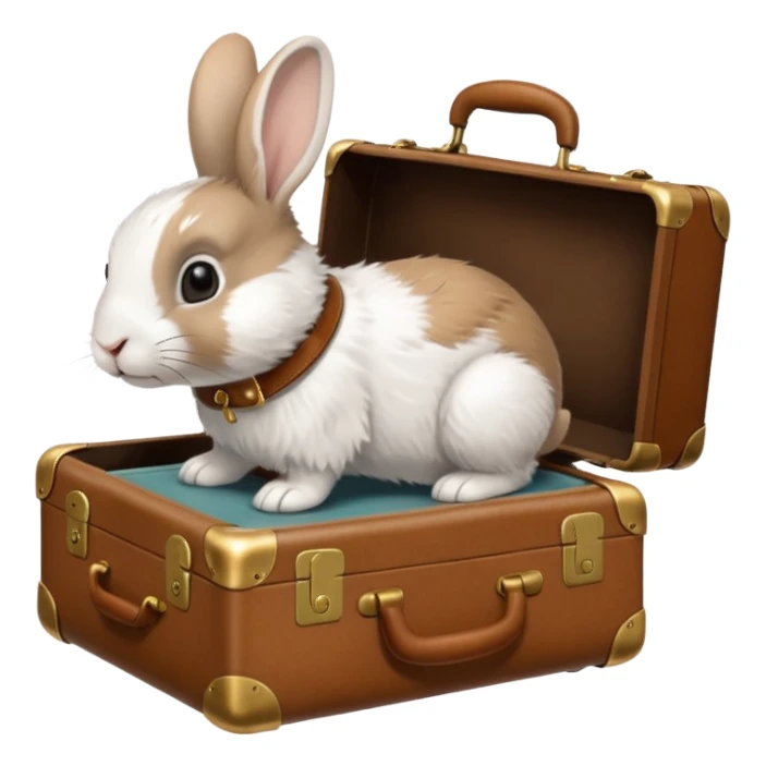 A curious rabbit nudging a tiny suitcase with its nose sticker