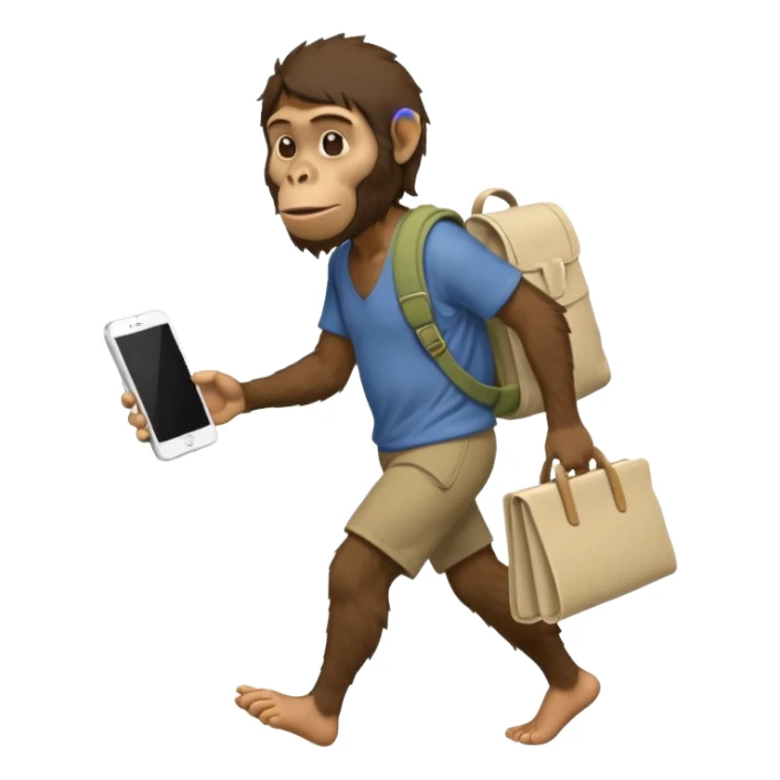 Draw an Australopithecus walking like a nomad, carrying a cloth bundle on its back and holding an iPhone in one hand and an open laptop (screen visible) in the other, in a cute flat iPhone emoji style sticker