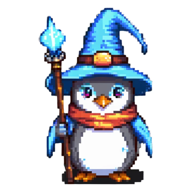 penguin wizard with a pointy hat and magic staff sticker