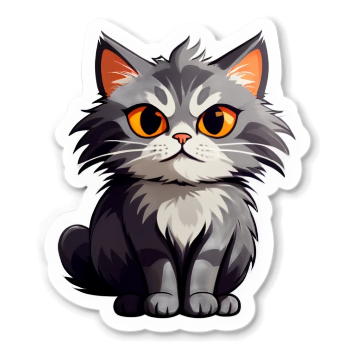 Grey fluffy cat with orange eyes sticker