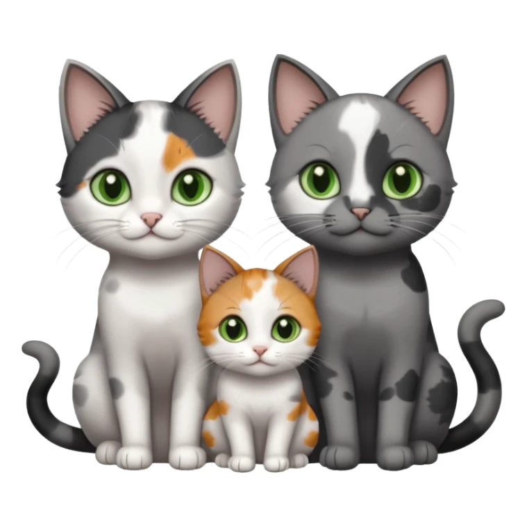 3 different coloured small cats including a dark grey and white, and a patchy calico with hazel eyes and a completely solid dark grey with green eyes and only white paws sticker