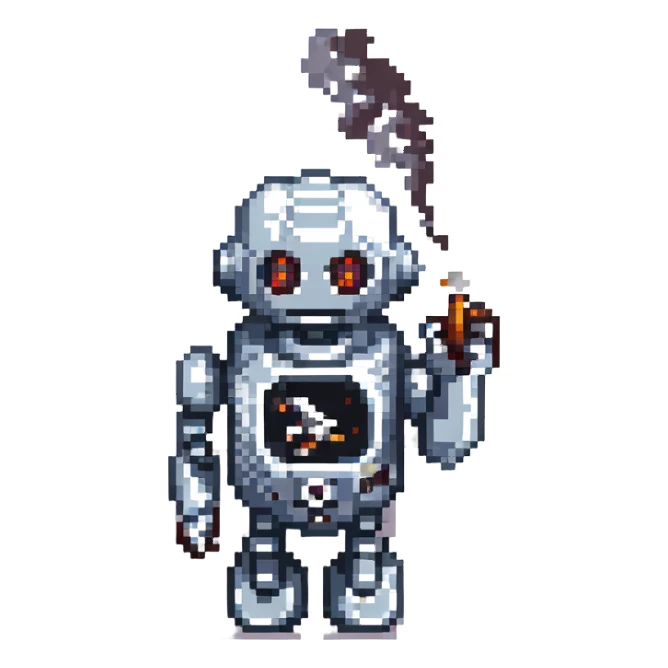 robot with a cigarette sticker