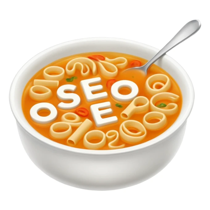 soup with letters inside spelling SEO sticker