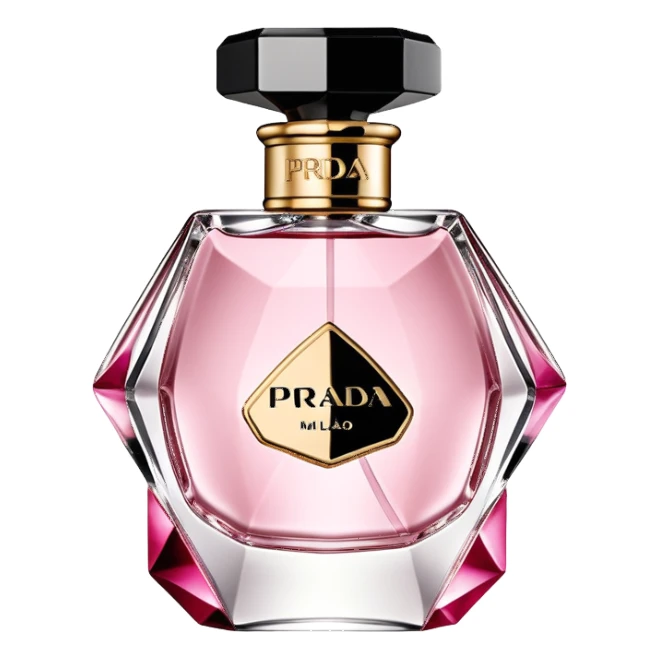  um frasco de perfume da marca Prada, em formato triangular, com vidro transparente e líquido rosado. No centro do frasco está escrito "PRADA MILANO" em letras pretas, com o logotipo da marca abaixo. A tampa é preta, retangular e inclinada, com um anel dourado na base, dando um toque moderno e elegante ao design. sticker