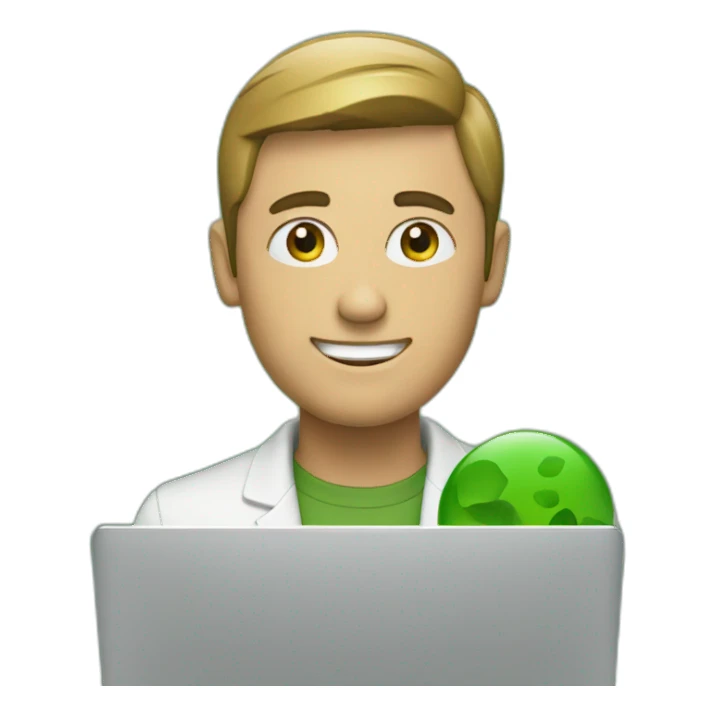 a man with a laptop, green stones in the background sticker